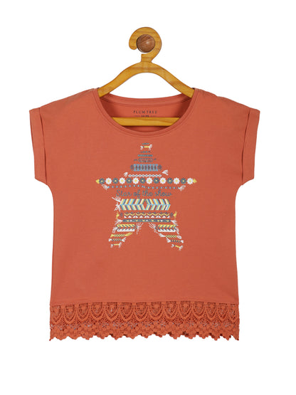 Plum Tree Girls Heart Print Crop Top and Flared Palazzo Pant set( Pack of 2)-ORANGE OFF WHITE