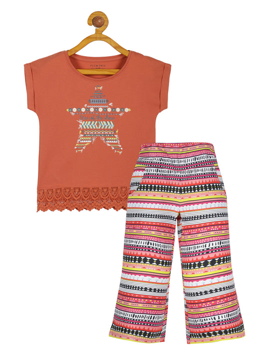Plum Tree Girls Heart Print Crop Top and Flared Palazzo Pant set( Pack of 2)-ORANGE OFF WHITE