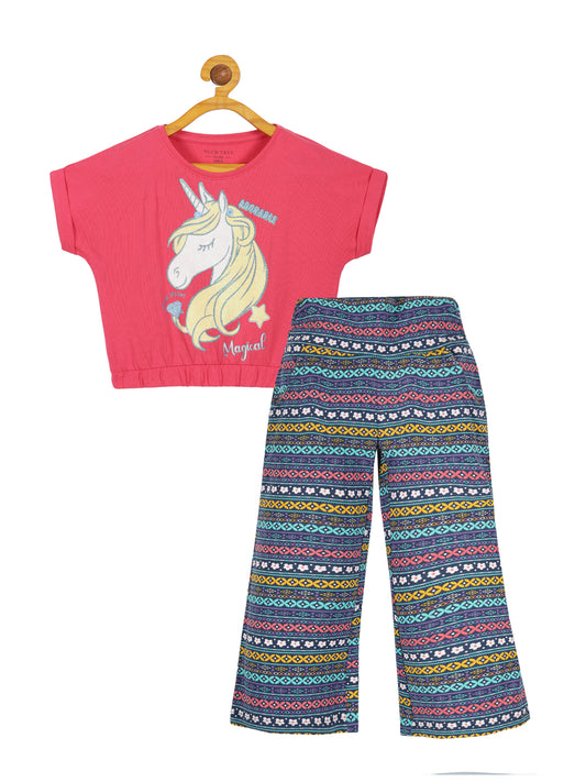 Plum Tree Girls Unicorn Print Crop Top and Flared Palazzo Pant set( Pack of 2)-PINK NAVY