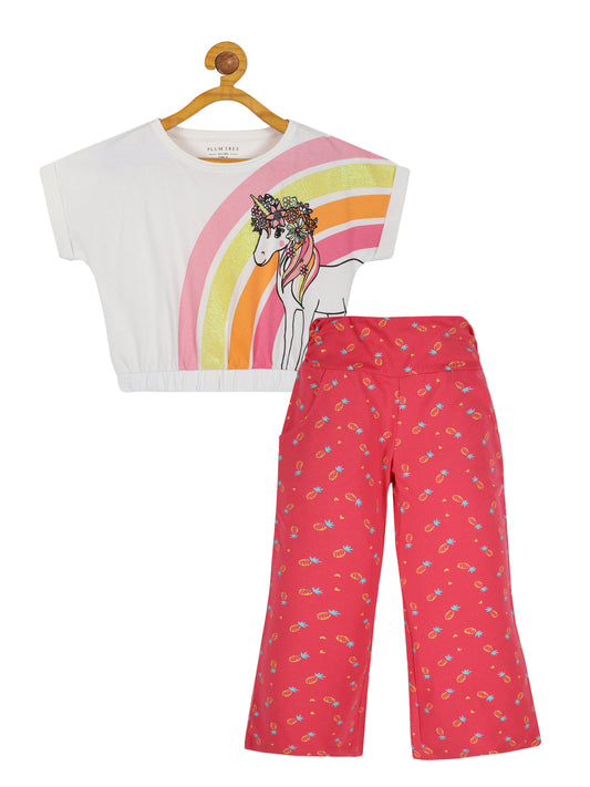 Plum Tree Girls Unicorn Print Crop Top and Flared Palazzo Pant set( Pack of 2)-OFF WHITE PINK