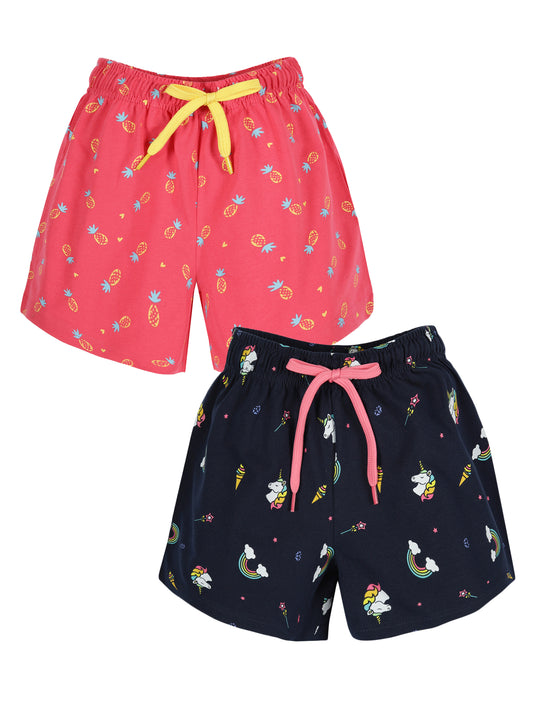 Plum Tree Girls  All Over Rainbow Printed Shorts( Pack of 2)-BLUE PINK