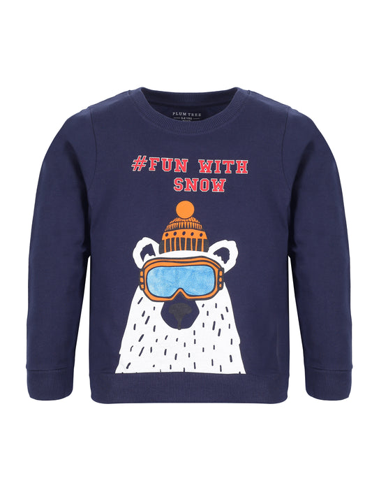 Boys Fun With Snow Print Round neck Pullover Sweatshirt- Navy