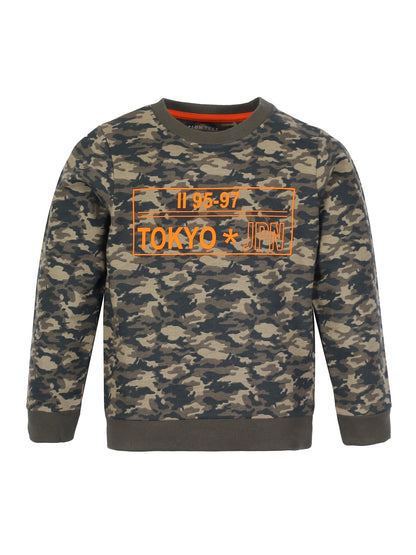 Boys Tokyo Print Round neck Pullover Sweatshirt- Camoflague