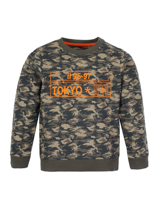 Boys Tokyo Print Round neck Pullover Sweatshirt- Camoflague
