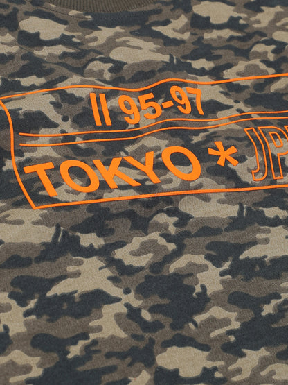 Boys Tokyo Print Round neck Pullover Sweatshirt- Camoflague