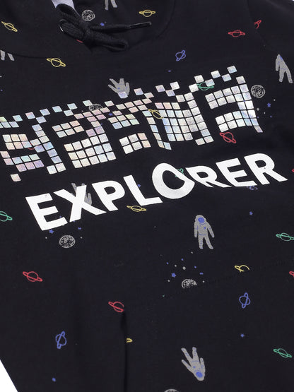 Boys Space Print  Hoodie Sweatshirt- Black