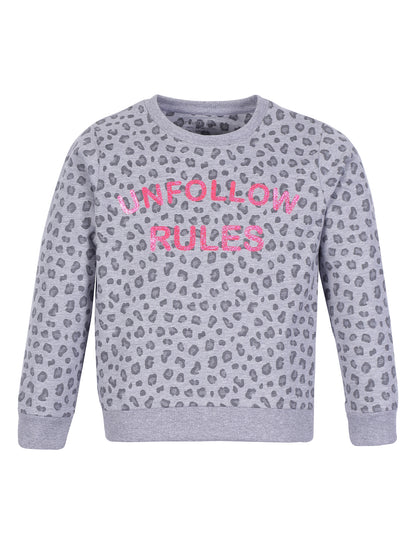 Girls Unfollow Rules print Round neck Pullover Sweatshirt- Grey