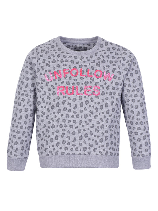 Girls Unfollow Rules print Round neck Pullover Sweatshirt- Grey