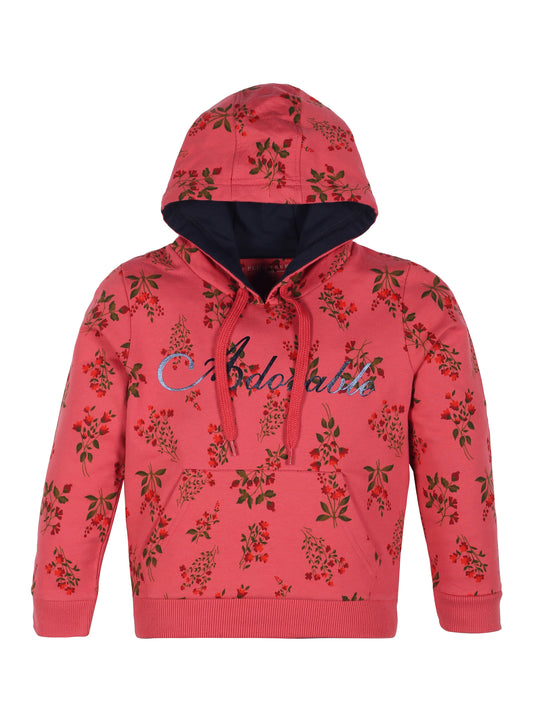 Girls Adorable Print Hoodie Sweatshirt- Dark Pink