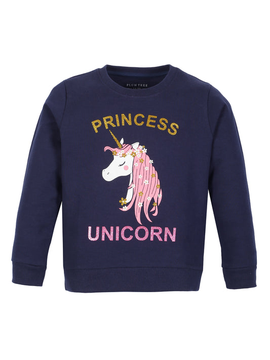Girls Unicorn print Round neck Pullover Sweatshirt- Navy