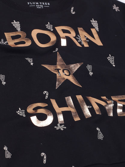 Girls Shine print Round neck Pullover Sweatshirt- Black