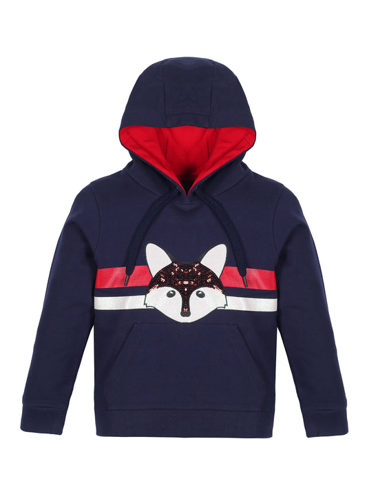 Girls Cat Print Hoodie Sweatshirt- Navy
