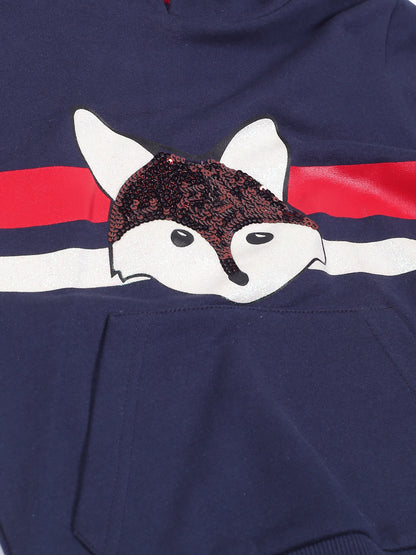 Girls Cat Print Hoodie Sweatshirt- Navy