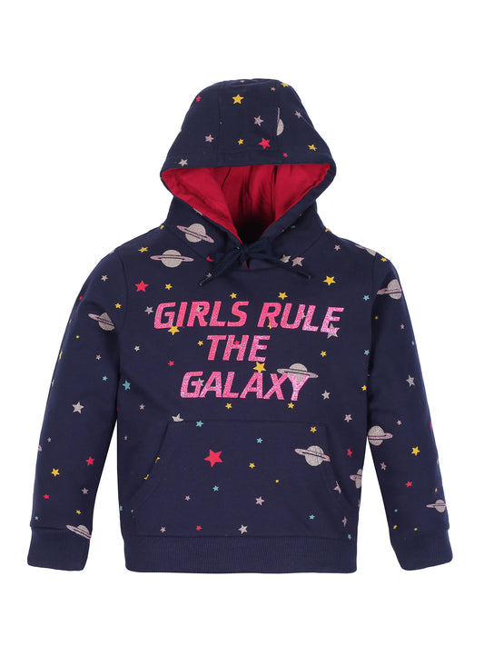 Girls Space Print Hoodie Sweatshirt- Navy