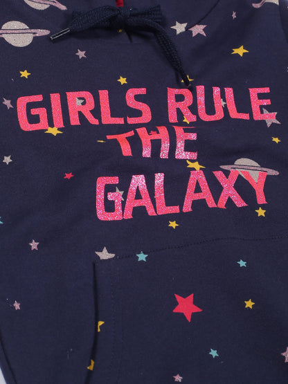 Girls Space Print Hoodie Sweatshirt- Navy