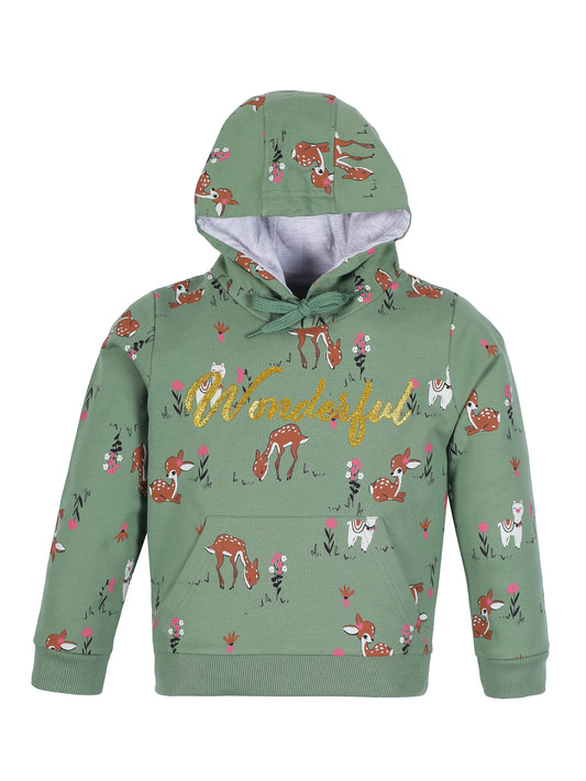 Girls Wonderful Print Hoodie Sweatshirt- Green