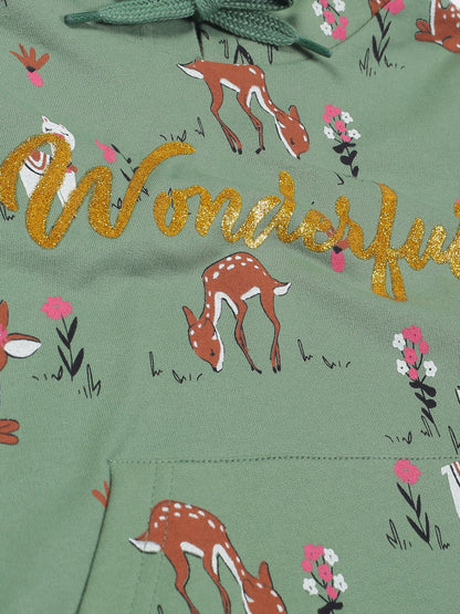 Girls Wonderful Print Hoodie Sweatshirt- Green