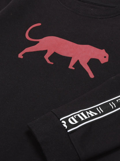 Boys Animal Print Round neck Pullover Sweatshirt- Black