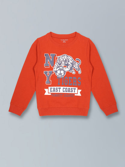 Boys Tiger Print Round neck Pullover Sweatshirt- Orange
