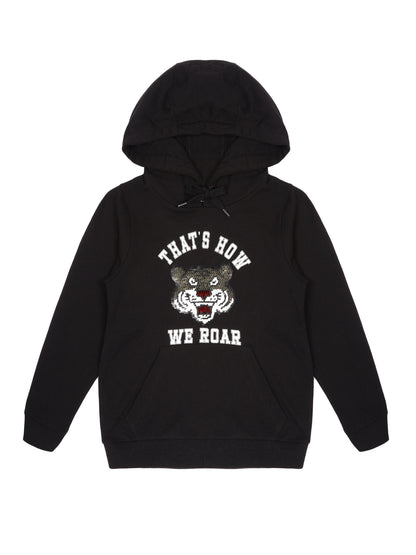 Boys Tiger Print  Hoodie Sweatshirt- Black