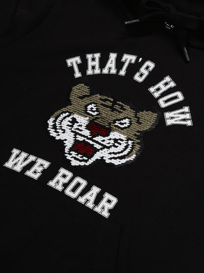 Boys Tiger Print  Hoodie Sweatshirt- Black