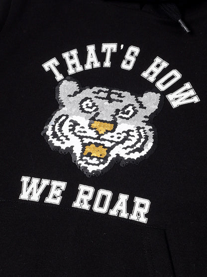 Boys Tiger Print  Hoodie Sweatshirt- Black