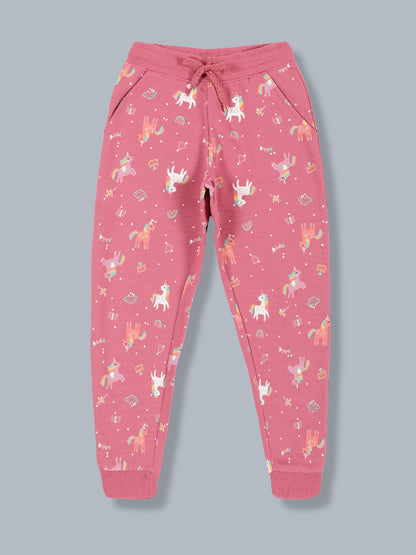 Girls Unicorn Print Jogger Track Pant- Dark Mauve