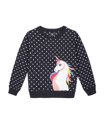 Girls Unicorn print Round neck Pullover Sweatshirt- Navy