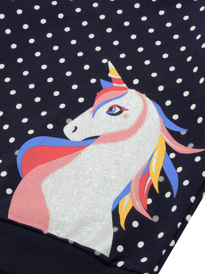 Girls Unicorn print Round neck Pullover Sweatshirt- Navy