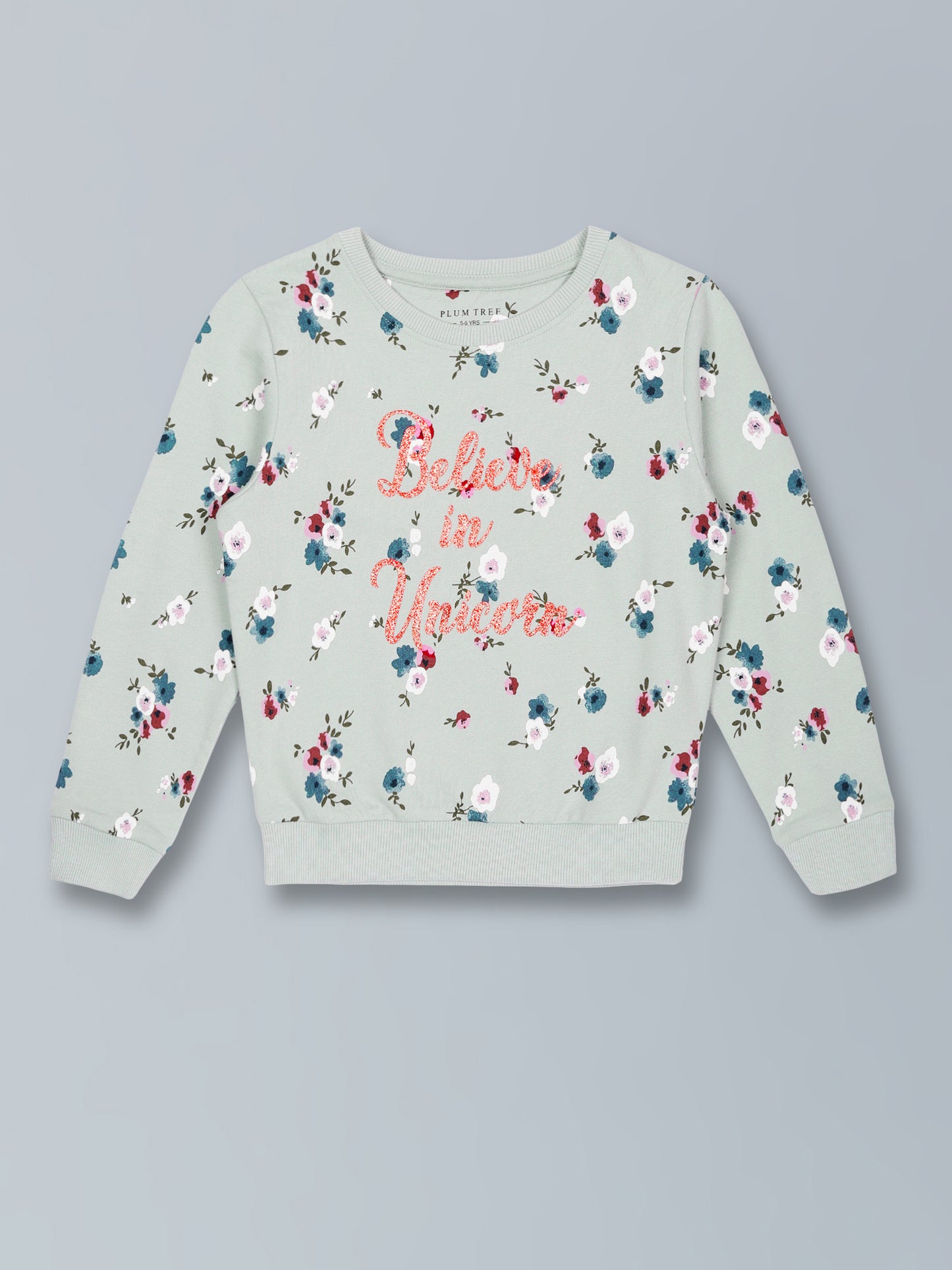 Girls Floral print Round neck Pullover Sweatshirt- Green