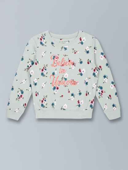 Girls Floral print Round neck Pullover Sweatshirt- Green