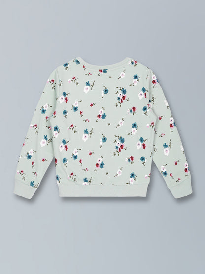 Girls Floral print Round neck Pullover Sweatshirt- Green