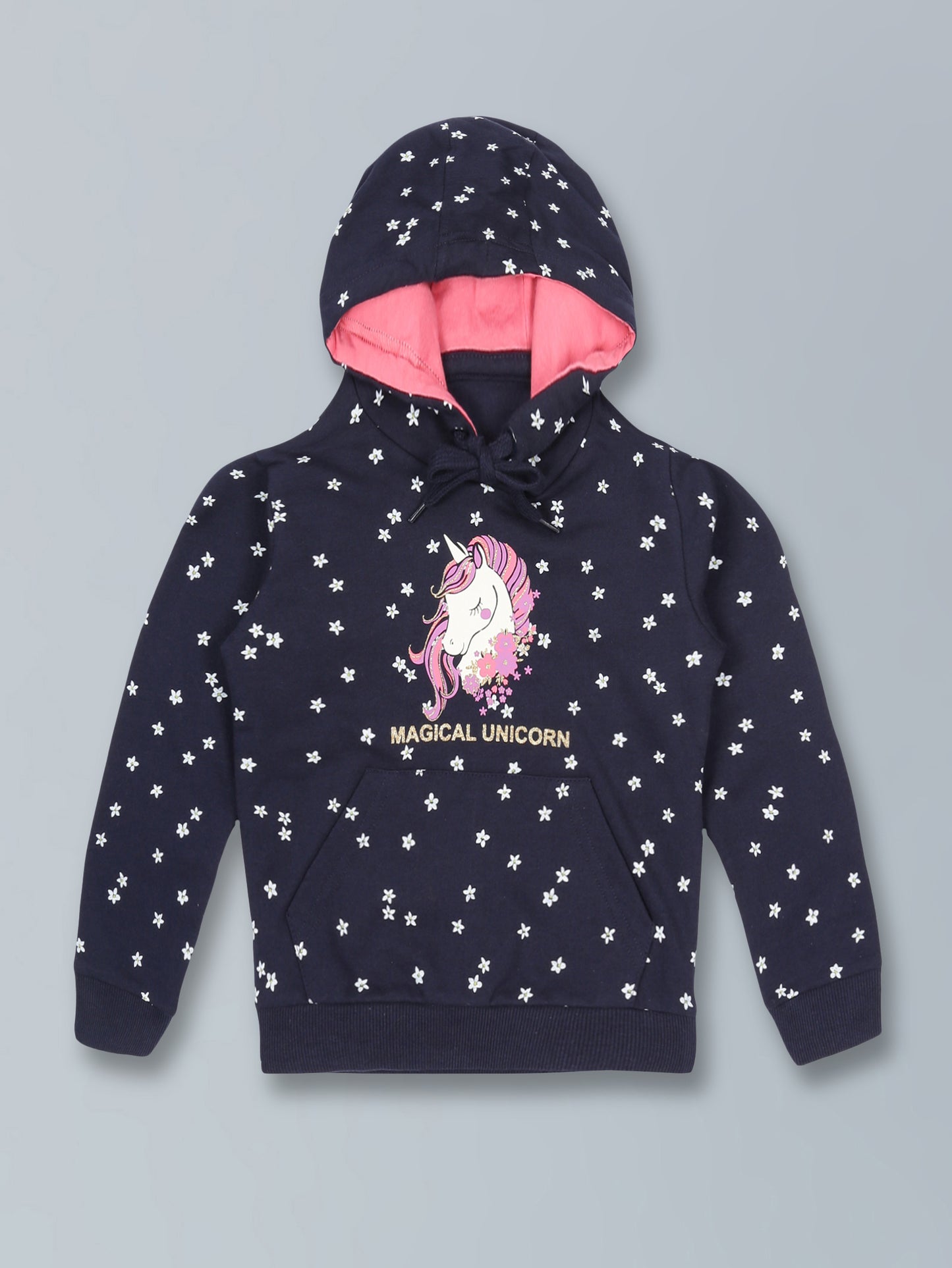 Girls Unicorn Print Hoodie Sweatshirt- Navy
