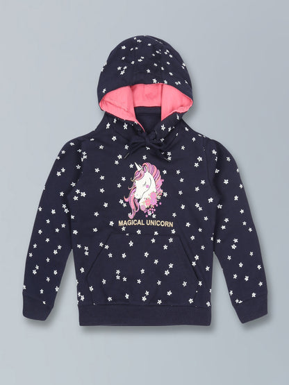 Girls Unicorn Print Hoodie Sweatshirt- Navy
