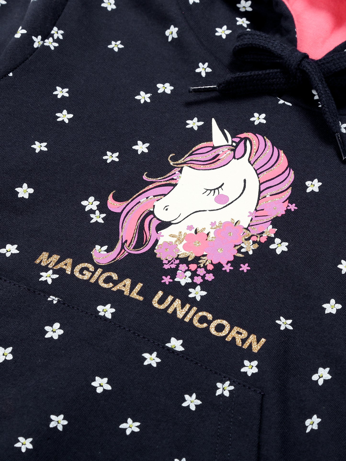 Girls Unicorn Print Hoodie Sweatshirt- Navy
