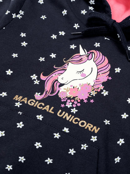 Girls Unicorn Print Hoodie Sweatshirt- Navy