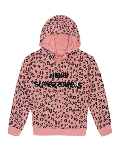 Girls Super Power Print Hoodie Sweatshirt- Pink