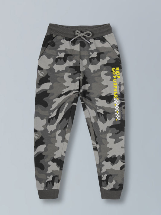 Boys Gery Camo AOP & Ride Forever Print sweatshirt fabric Cotton Jogger- Grey Melange