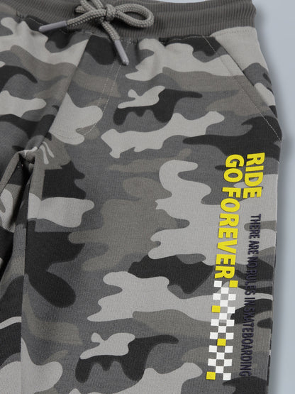 Boys Gery Camo AOP & Ride Forever Print sweatshirt fabric Cotton Jogger- Grey Melange