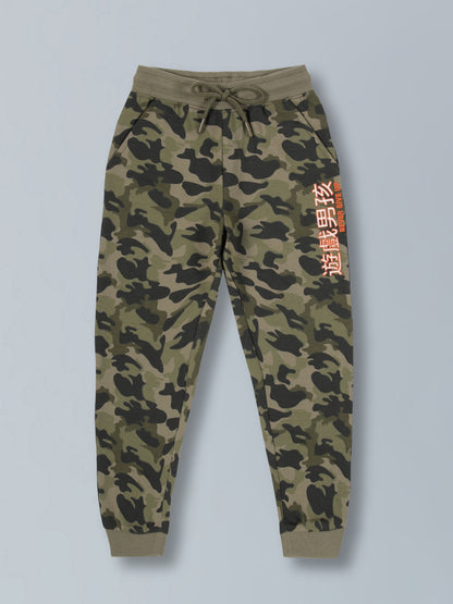 Boys Olive Camo AOP & Never Give Up Print Cotton Jogger- Olive