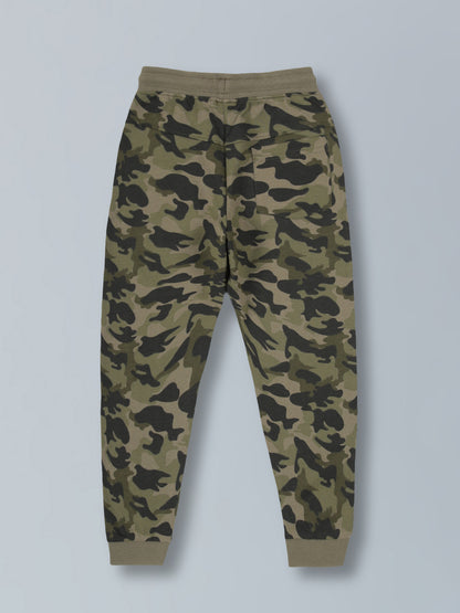 Boys Olive Camo AOP & Never Give Up Print Cotton Jogger- Olive