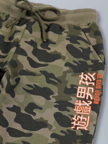 Boys Olive Camo AOP & Never Give Up Print Cotton Jogger- Olive