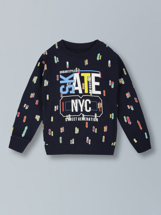 Skate Print Crew Neck Cotton Pullover Sweatshirt-Navy