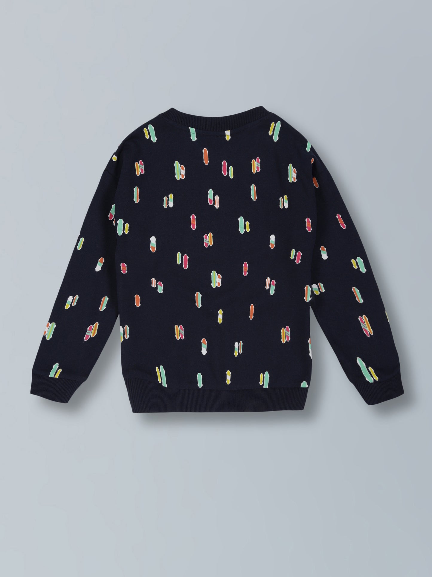 Skate Print Crew Neck Cotton Pullover Sweatshirt-Navy