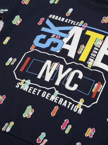 Skate Print Crew Neck Cotton Pullover Sweatshirt-Navy