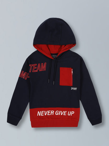 Never Give Up Print Hooded Cotton Sweatshirt- Navy / Winter Red
