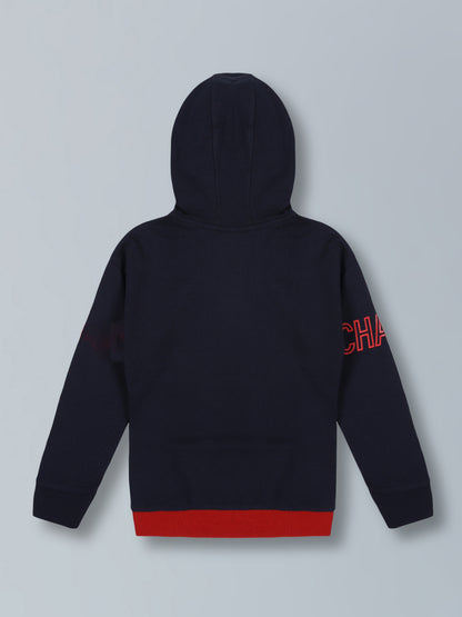 Never Give Up Print Hooded Cotton Sweatshirt- Navy / Winter Red