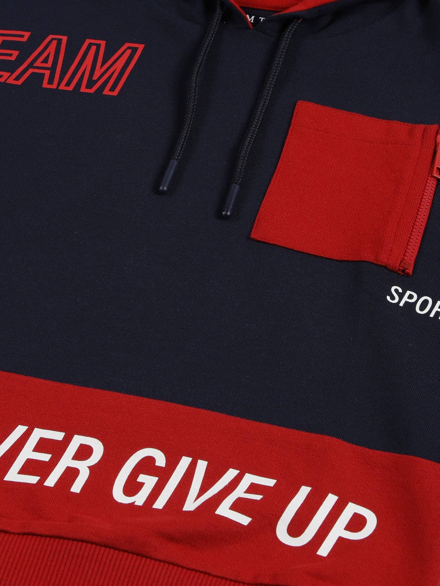 Never Give Up Print Hooded Cotton Sweatshirt- Navy / Winter Red