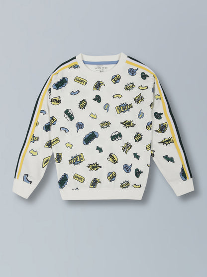 All Over Print Crew Neck Cotton Pull over Sweatshirt- Off white