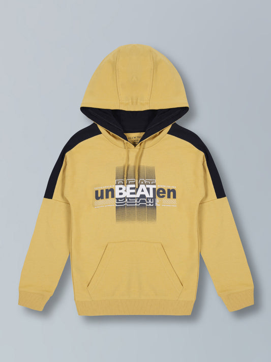 Unbeaten Print  Hooded Cotton Sweatshirt- Mango/Navy